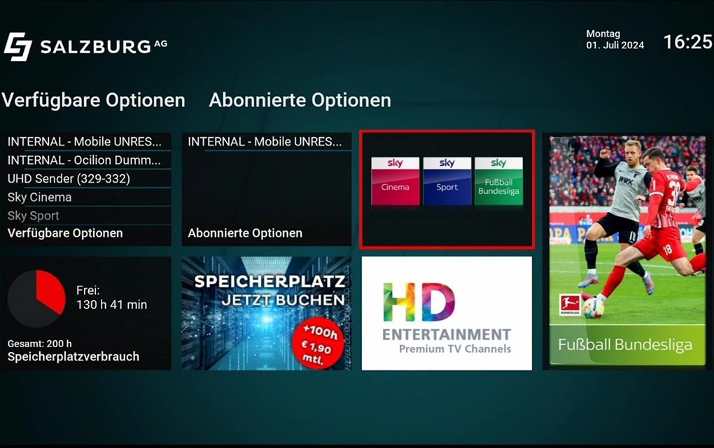 Oberfläche CableLink TV, Auswahl der Kachel des sky-Angebotes.