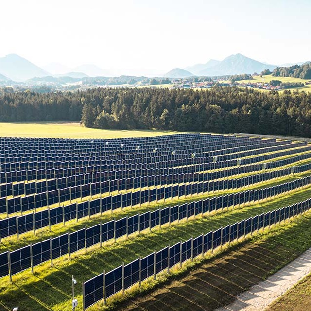 Zu sehen ist eine große Solaranlage auf einer Wiese vor einem Wald und Bergen.